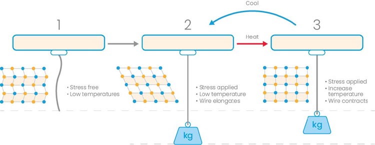 a diagram showing a simple linear Nitinol wire actuator with corresponding atomic structure change of the material.